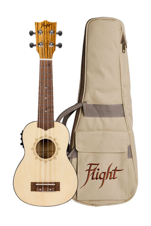 Ukulele sopranowe Flight DUS320CEQ SP/ZEB - pokrowiec, elektroakustyczne, rozeta ozdobna